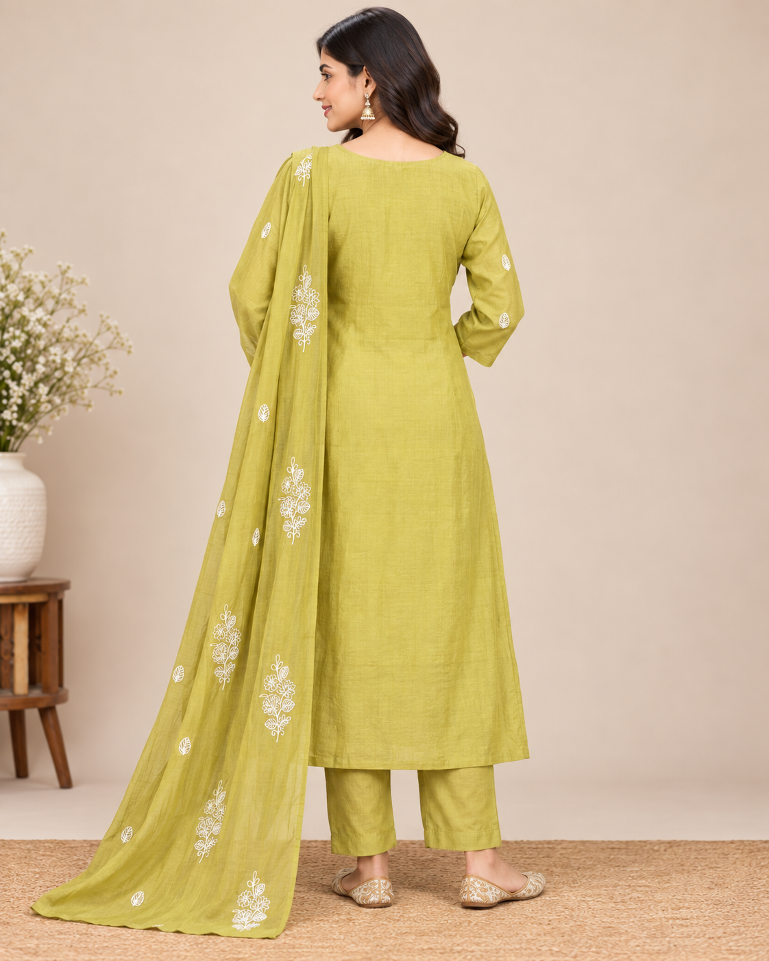 Women’s Olive Green Floral Embroidered Rayon 3-Piece Kurti Set