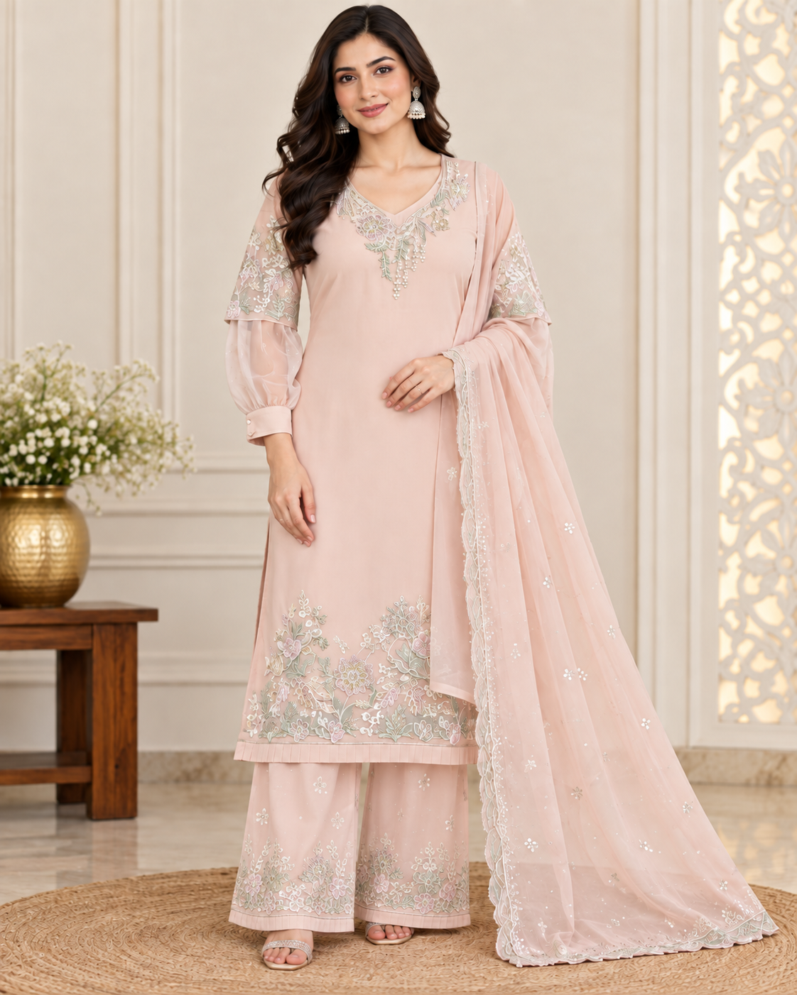 Women’s Blush Pink Embroidered Georgette 3-Piece Kurti Set