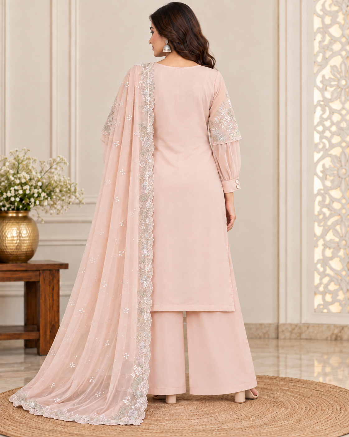 Women’s Blush Pink Embroidered Georgette 3-Piece Kurti Set
