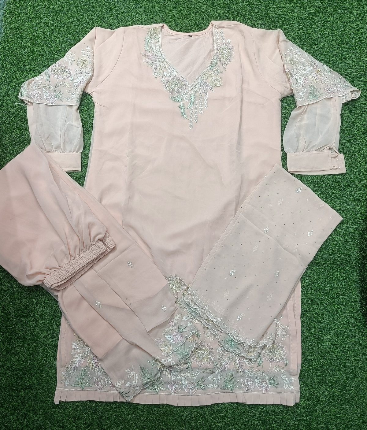 Women’s Blush Pink Embroidered Georgette 3-Piece Kurti Set
