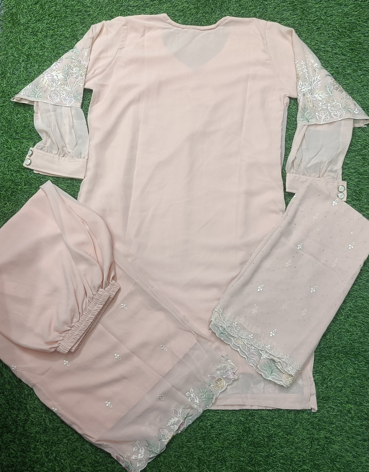 Women’s Blush Pink Embroidered Georgette 3-Piece Kurti Set