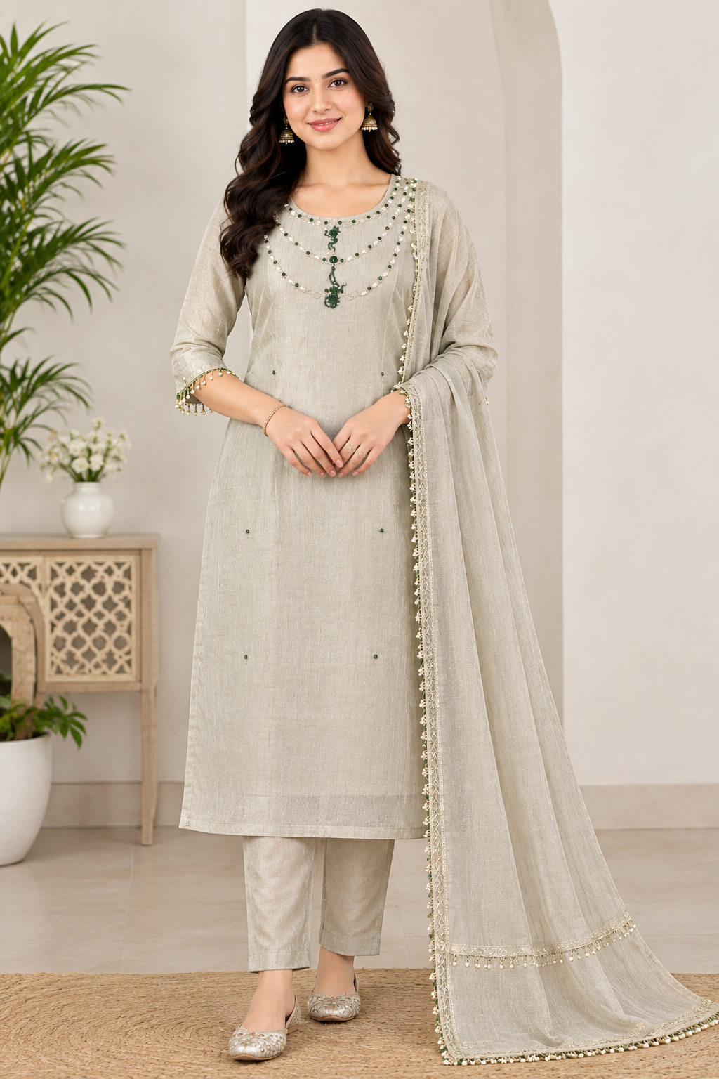 Women’s Beige Green Stone Work Roman glass fabric 3-Piece Kurti Set