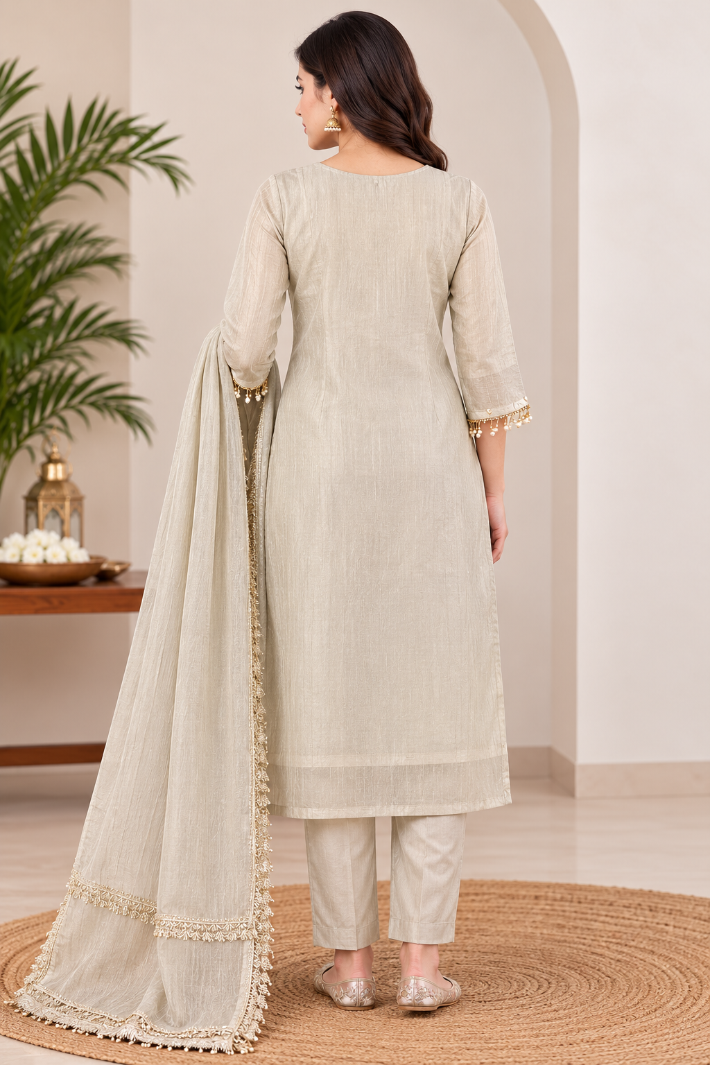 Women’s Beige Green Stone Work Roman glass fabric 3-Piece Kurti Set