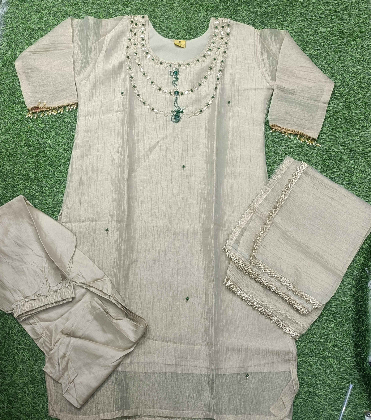 Women’s Beige Green Stone Work Roman glass fabric 3-Piece Kurti Set