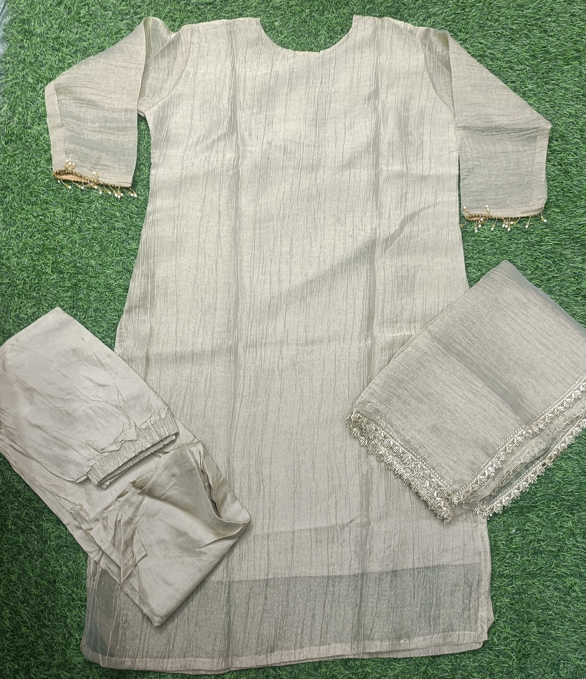 Women’s Beige Green Stone Work Roman glass fabric 3-Piece Kurti Set