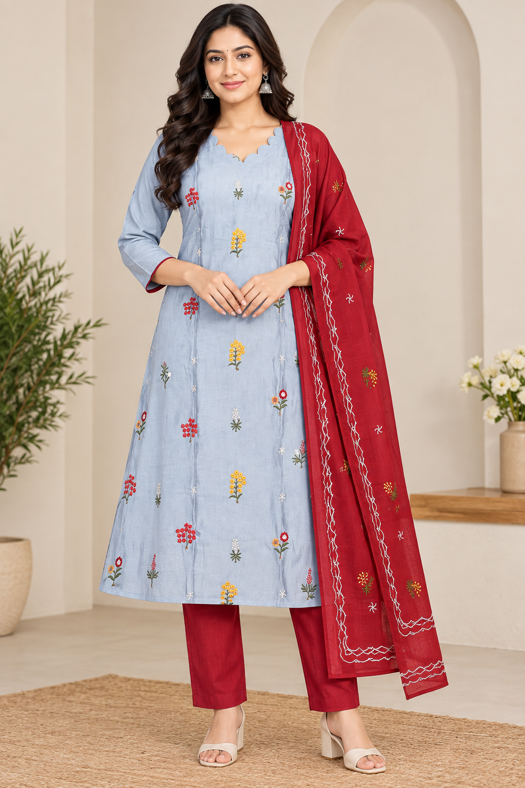 Women’s Light Blue Floral Embroidered Cotton 3-Piece Kurti Set