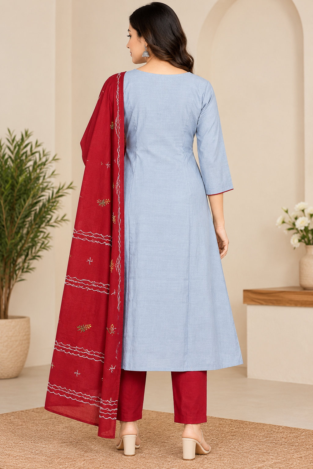Women’s Light Blue Floral Embroidered Cotton 3-Piece Kurti Set
