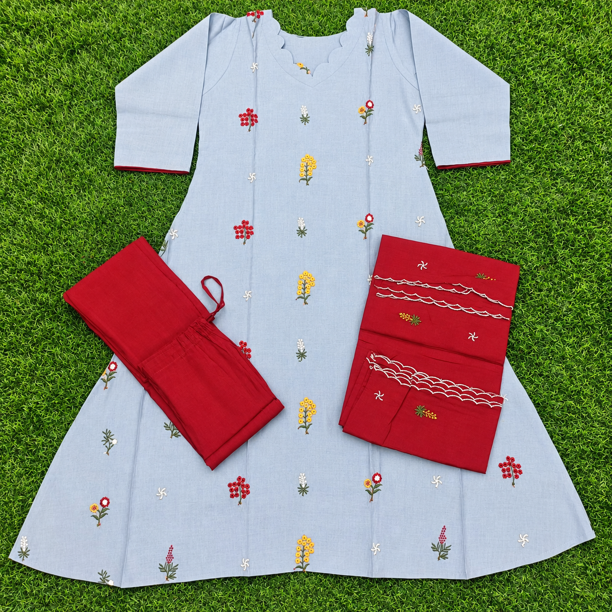 Women’s Light Blue Floral Embroidered Cotton 3-Piece Kurti Set
