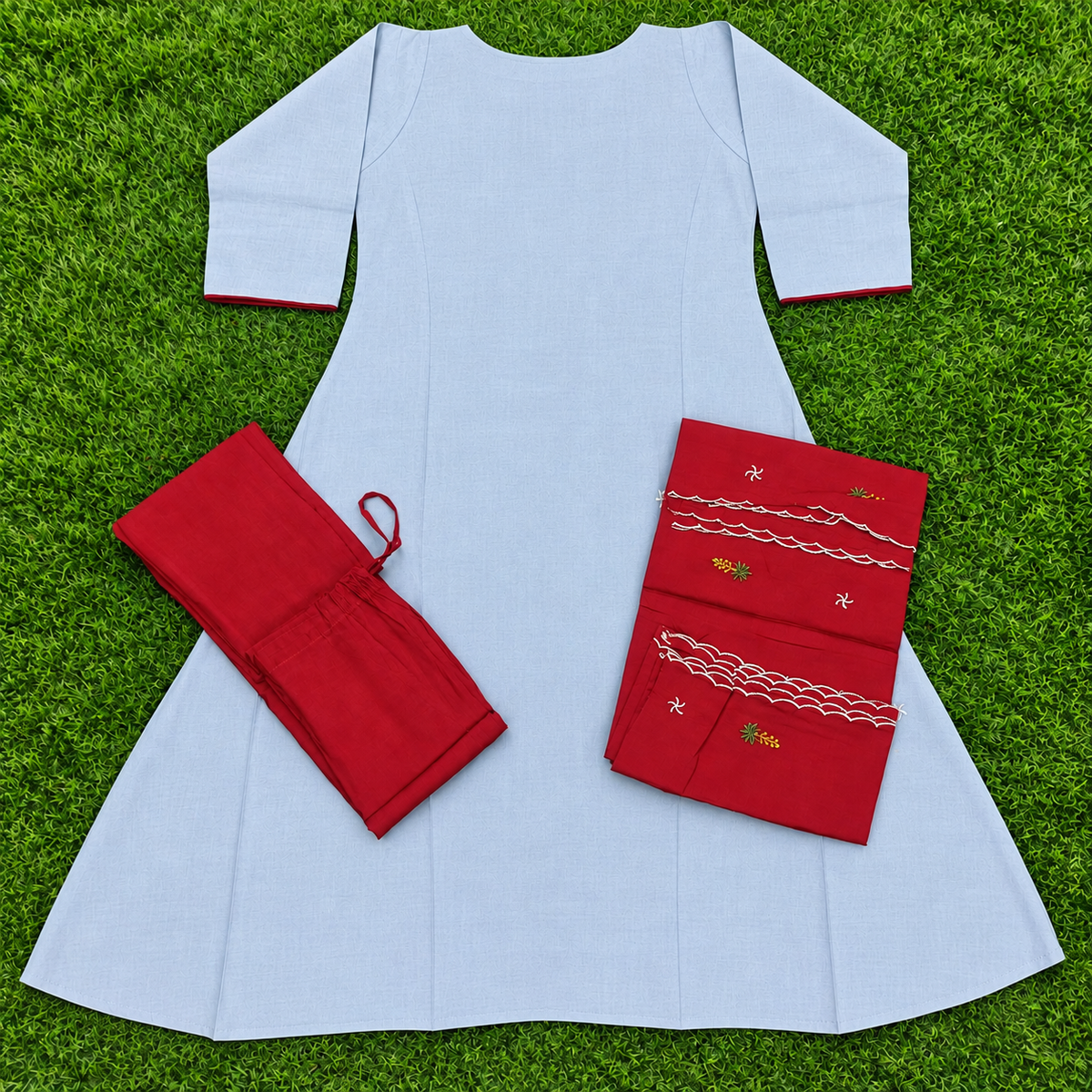 Women’s Light Blue Floral Embroidered Cotton 3-Piece Kurti Set