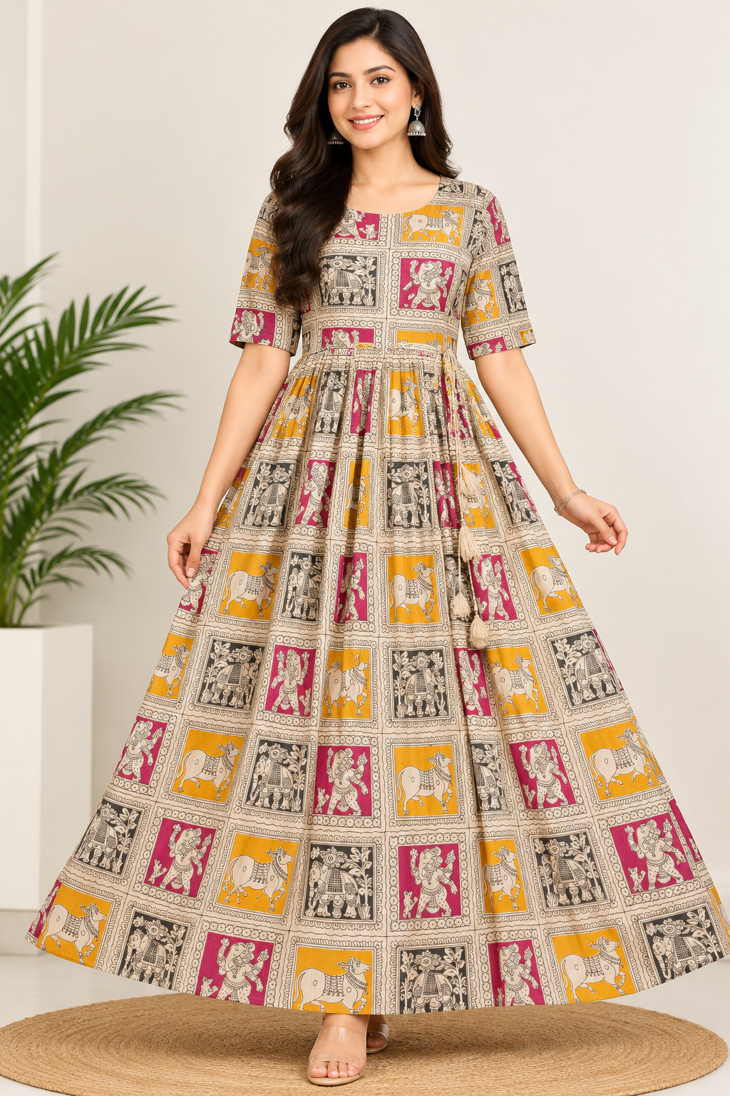 Women’s Beige Traditional Printed Cotton Flared Kurti