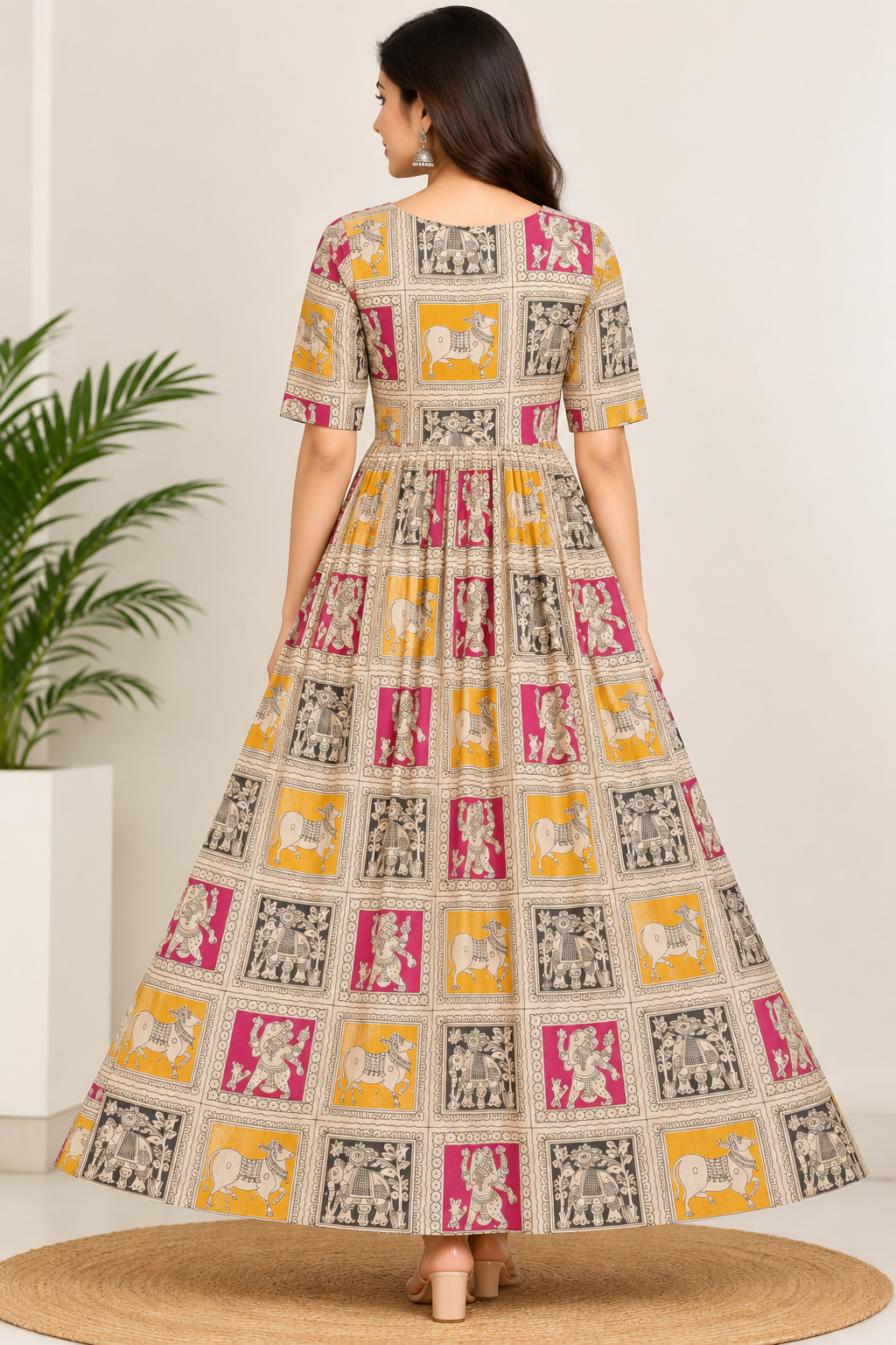Women’s Beige Traditional Printed Cotton Flared Kurti