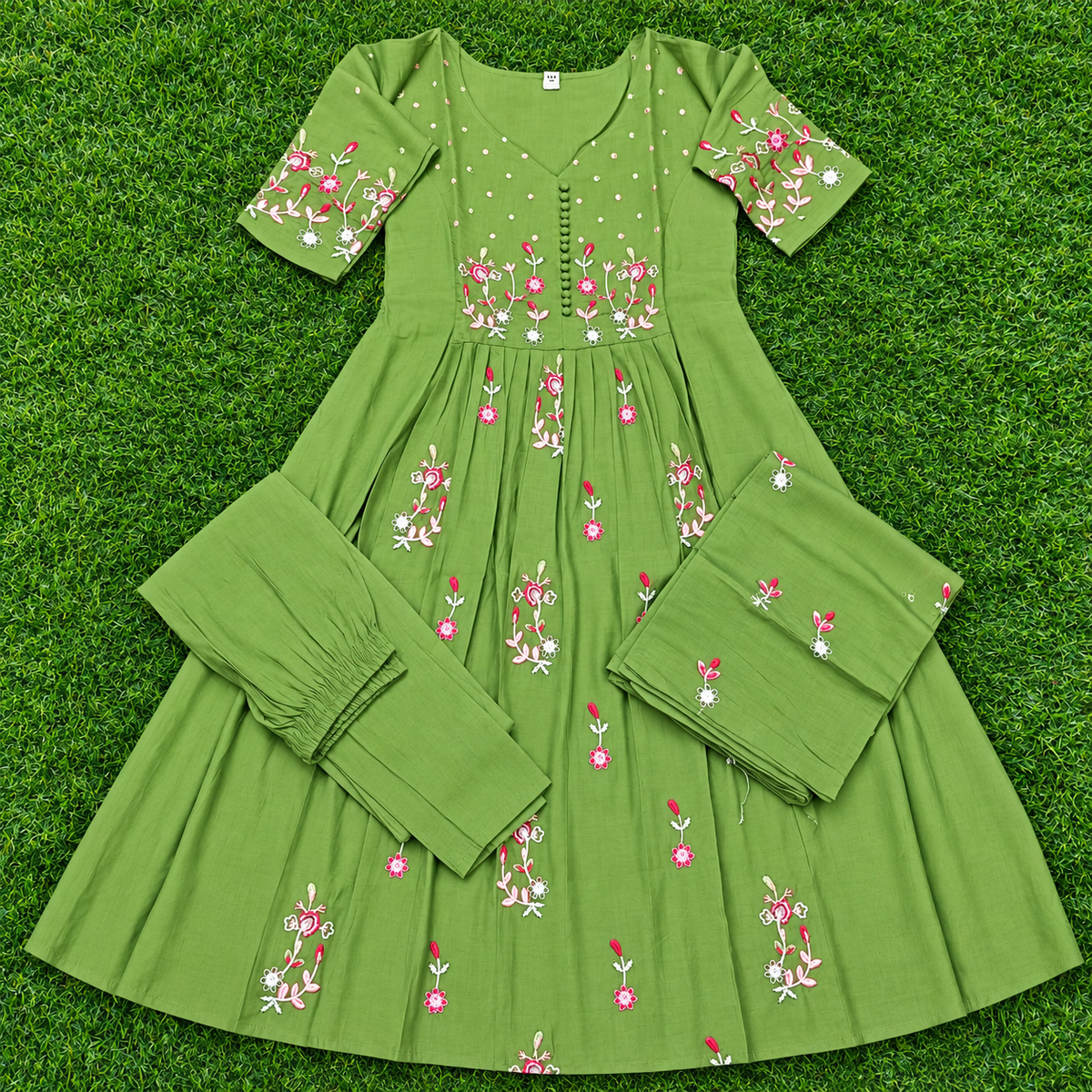 Women’s Olive Green Floral Embroidered 3-Piece Rayon Kurti Set