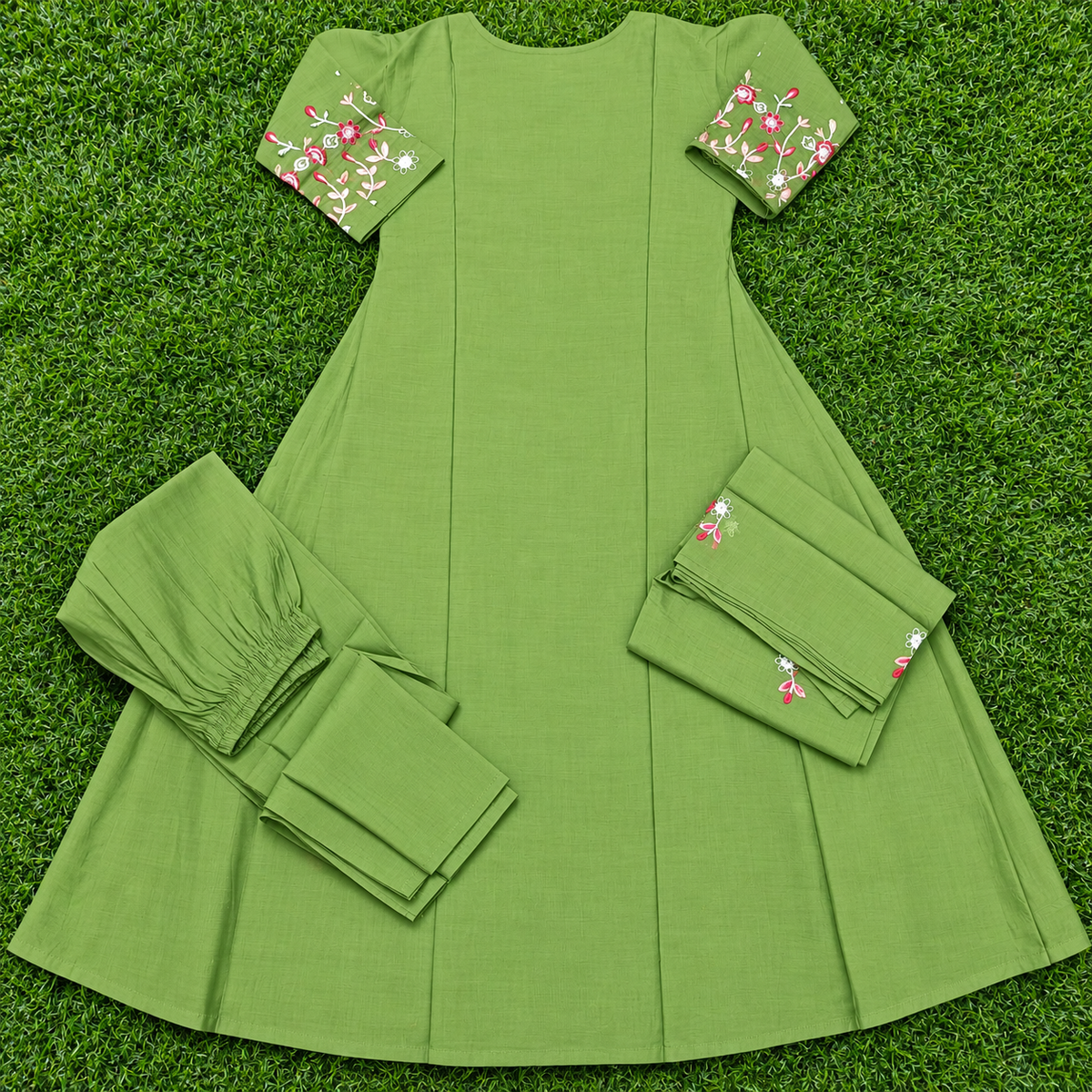 Women’s Olive Green Floral Embroidered 3-Piece Rayon Kurti Set