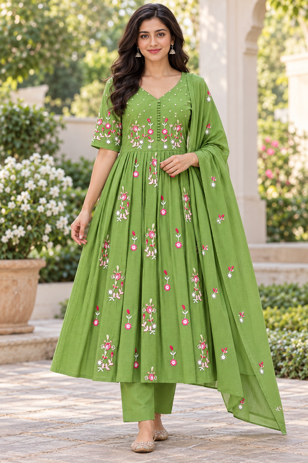 Women’s Olive Green Floral Embroidered 3-Piece Rayon Kurti Set