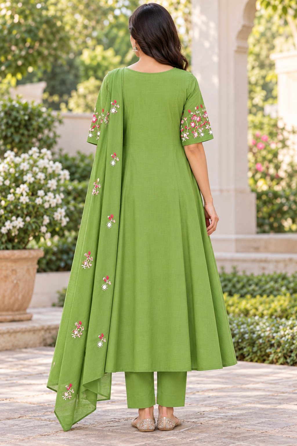 Women’s Olive Green Floral Embroidered 3-Piece Rayon Kurti Set