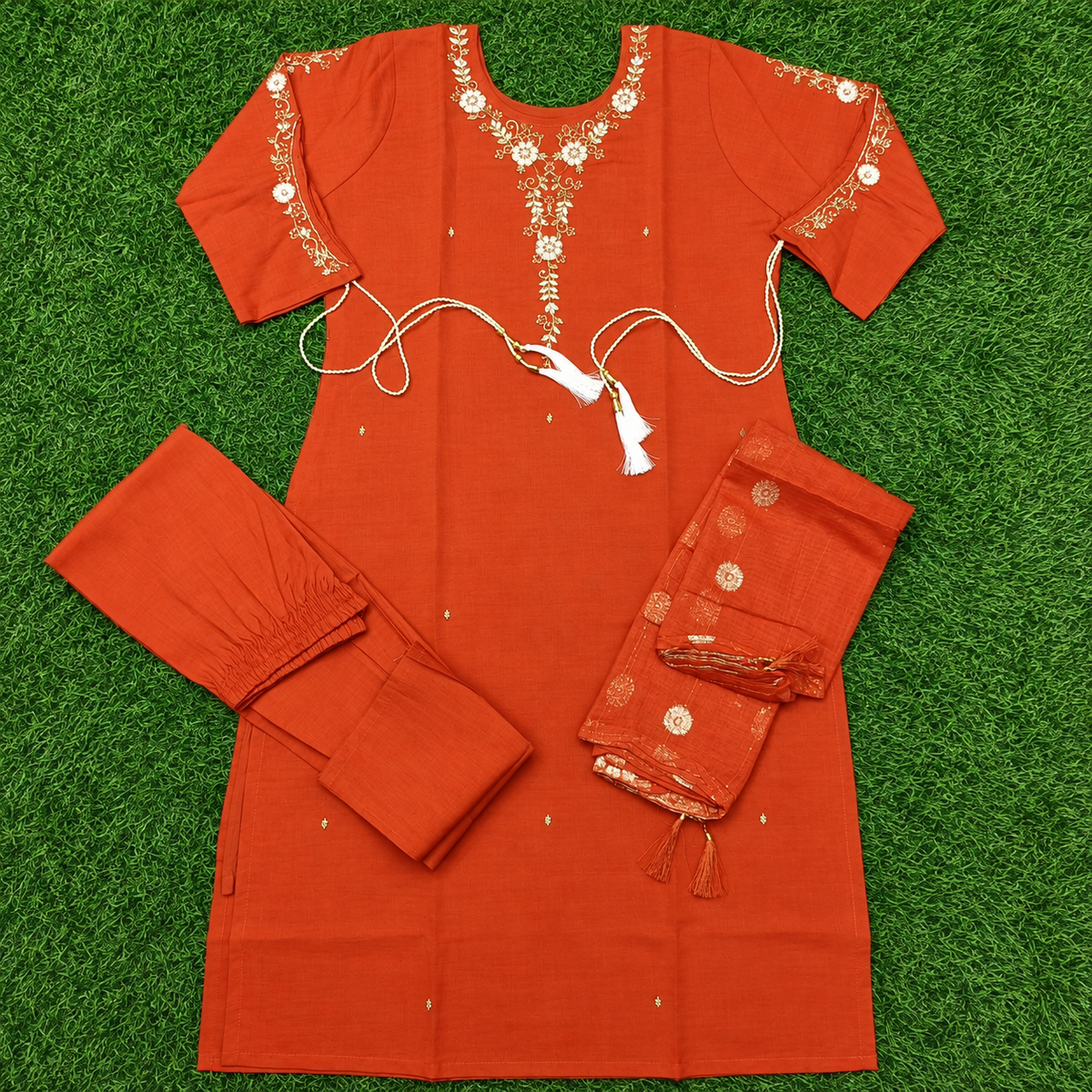 Women’s Rust Orange Embroidered 3-Piece Rayon Kurti Set