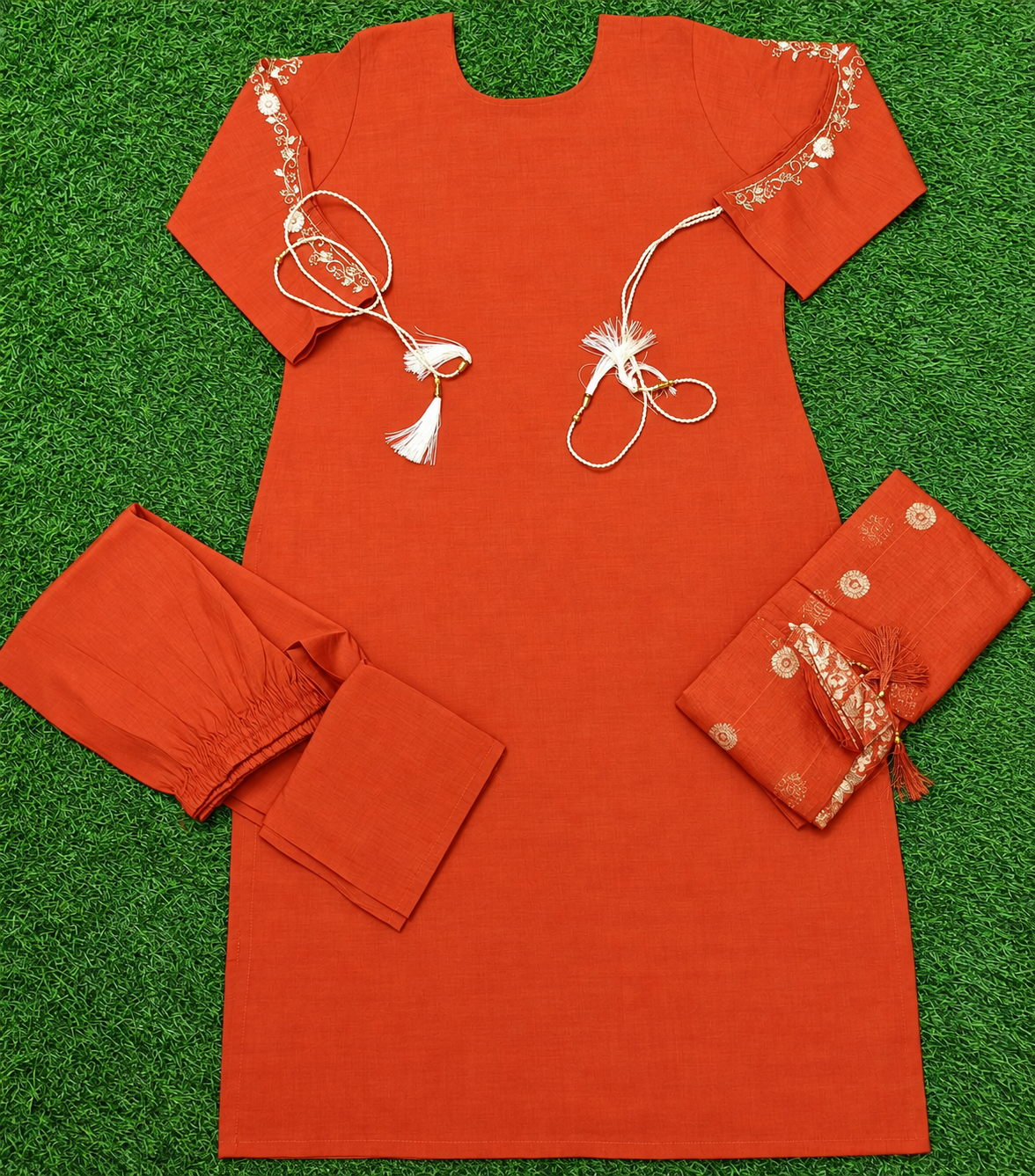 Women’s Rust Orange Embroidered 3-Piece Rayon Kurti Set