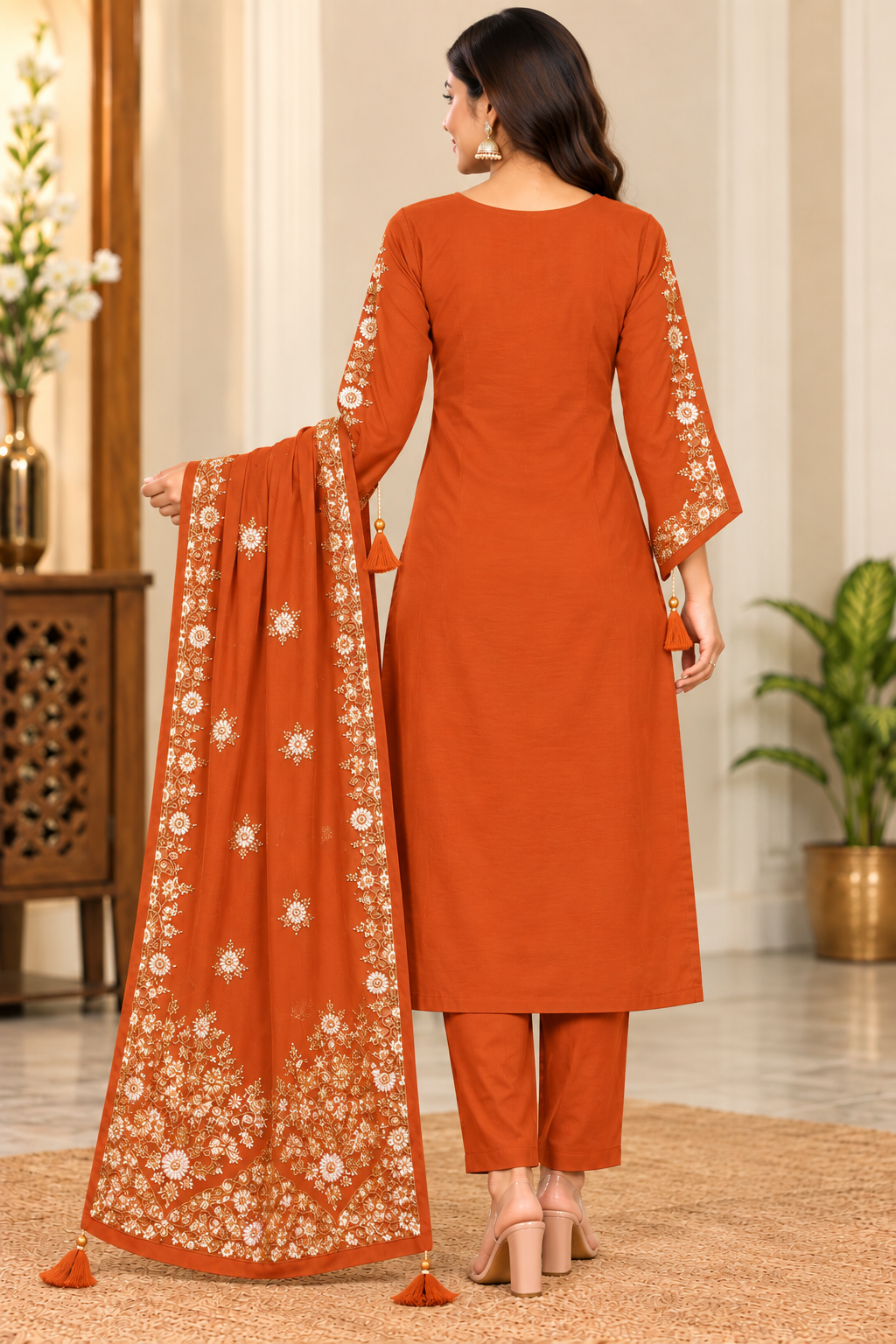 Women’s Rust Orange Embroidered 3-Piece Rayon Kurti Set