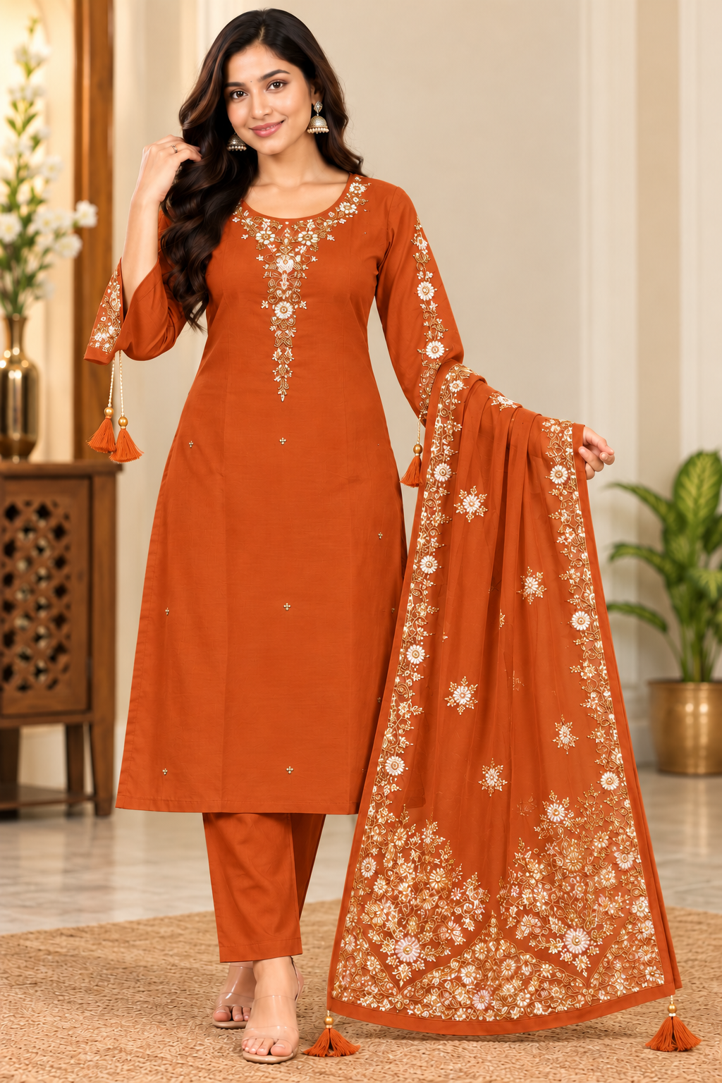 Women’s Rust Orange Embroidered 3-Piece Rayon Kurti Set