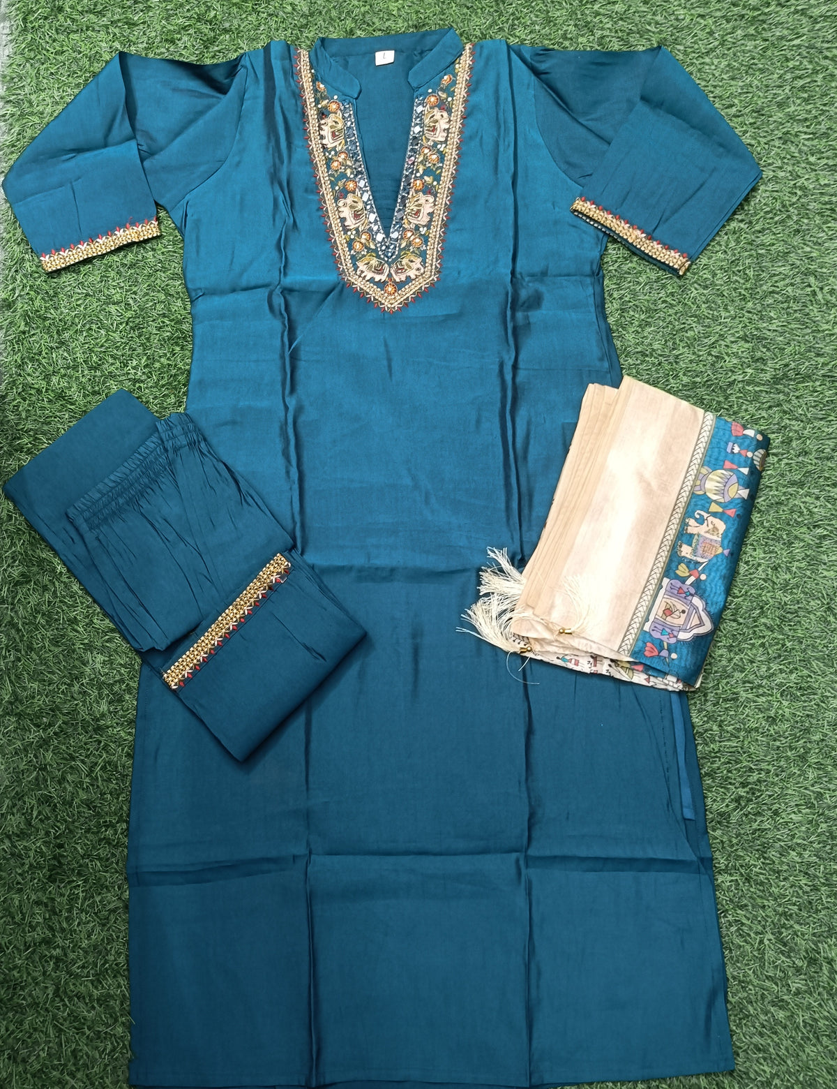 Women’s Teal Blue Embroidered 3-Piece Kurti Set with Dupatta