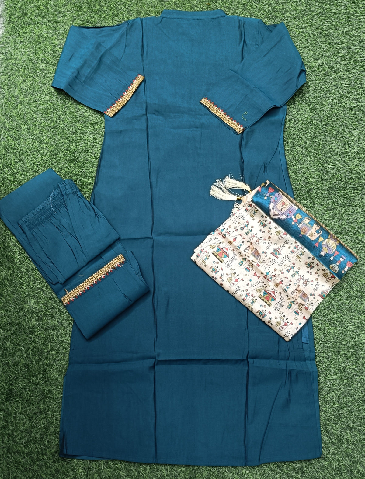 Women’s Teal Blue Embroidered 3-Piece Kurti Set with Dupatta