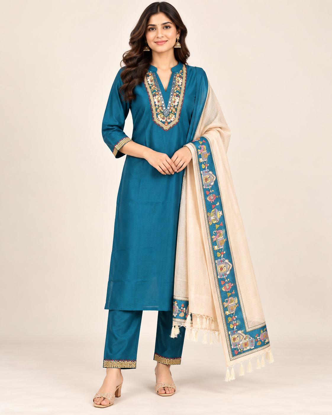 Women’s Teal Blue Embroidered 3-Piece Kurti Set with Dupatta
