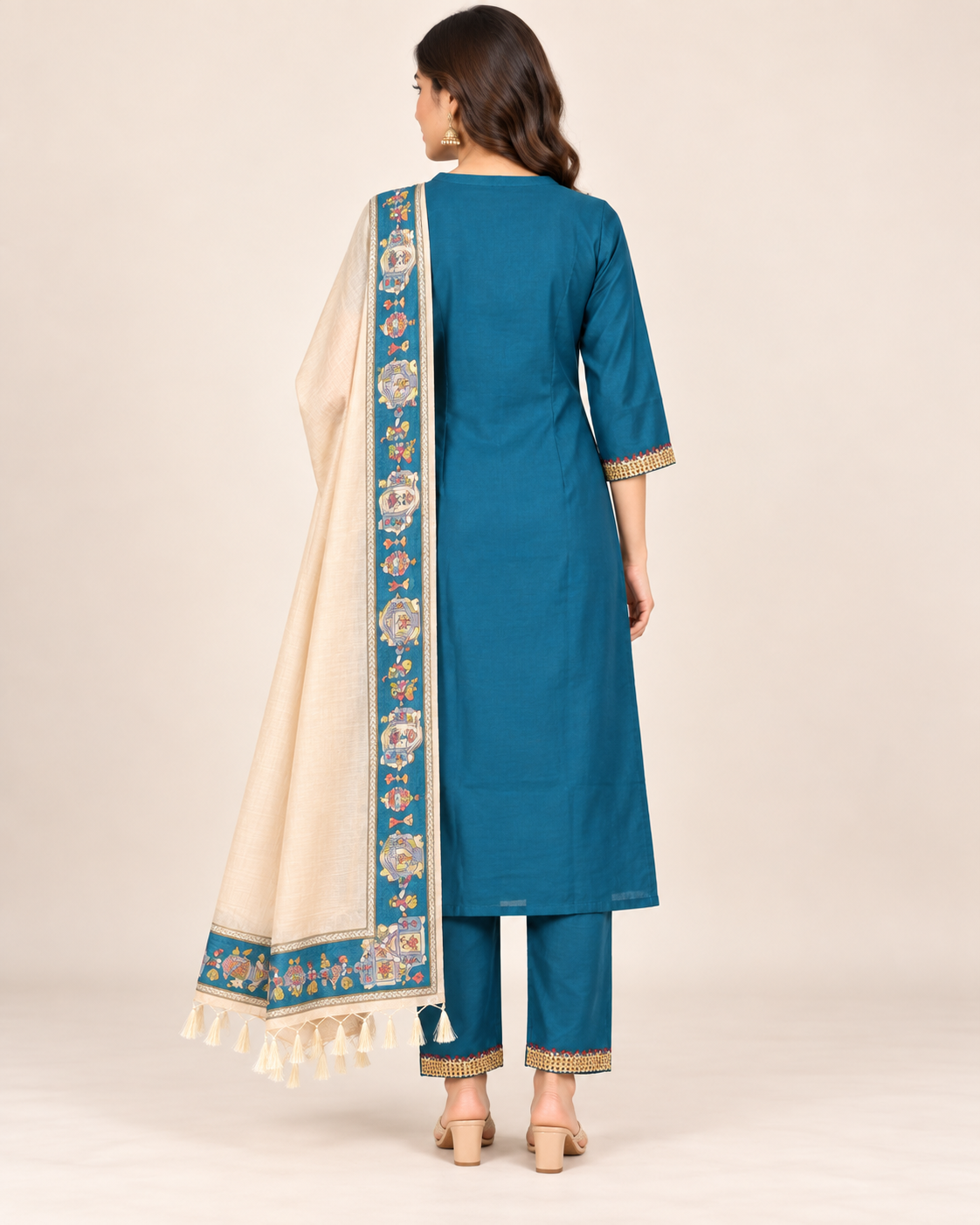 Women’s Teal Blue Embroidered 3-Piece Kurti Set with Dupatta