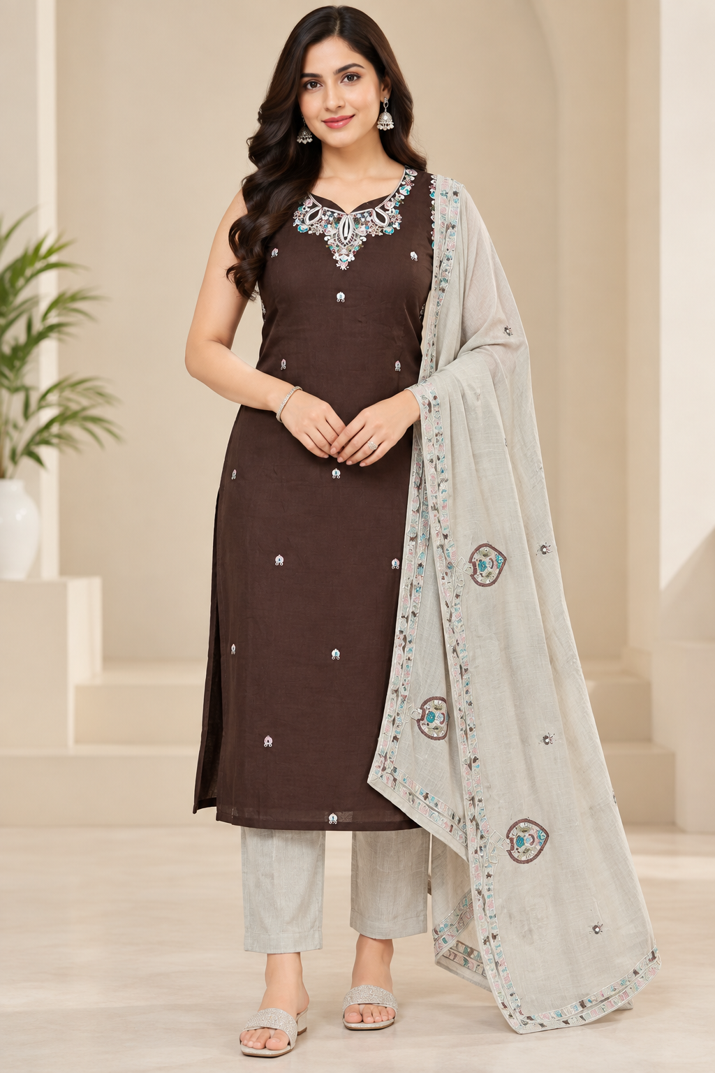Women’s Dark Chocolate Embroidered Sleeveless  3-Piece Kurti Set with Dupatta