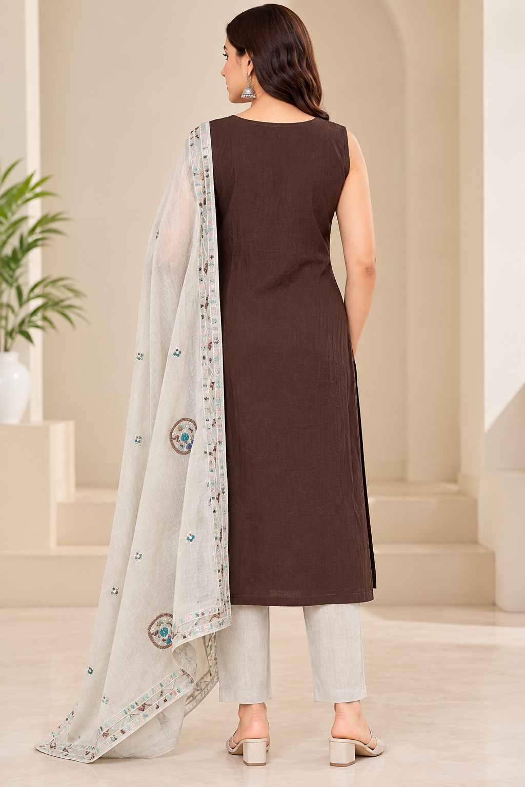 Women’s Dark Chocolate Embroidered Sleeveless  3-Piece Kurti Set with Dupatta