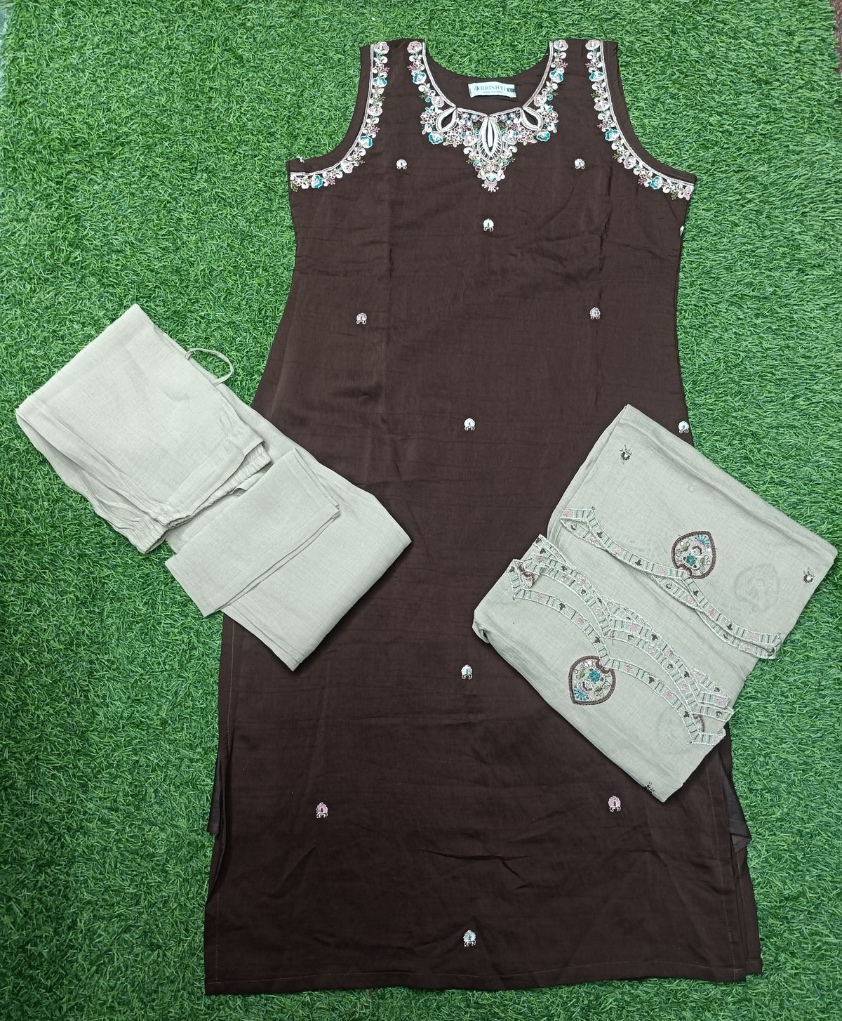 Women’s Dark Chocolate Embroidered Sleeveless  3-Piece Kurti Set with Dupatta