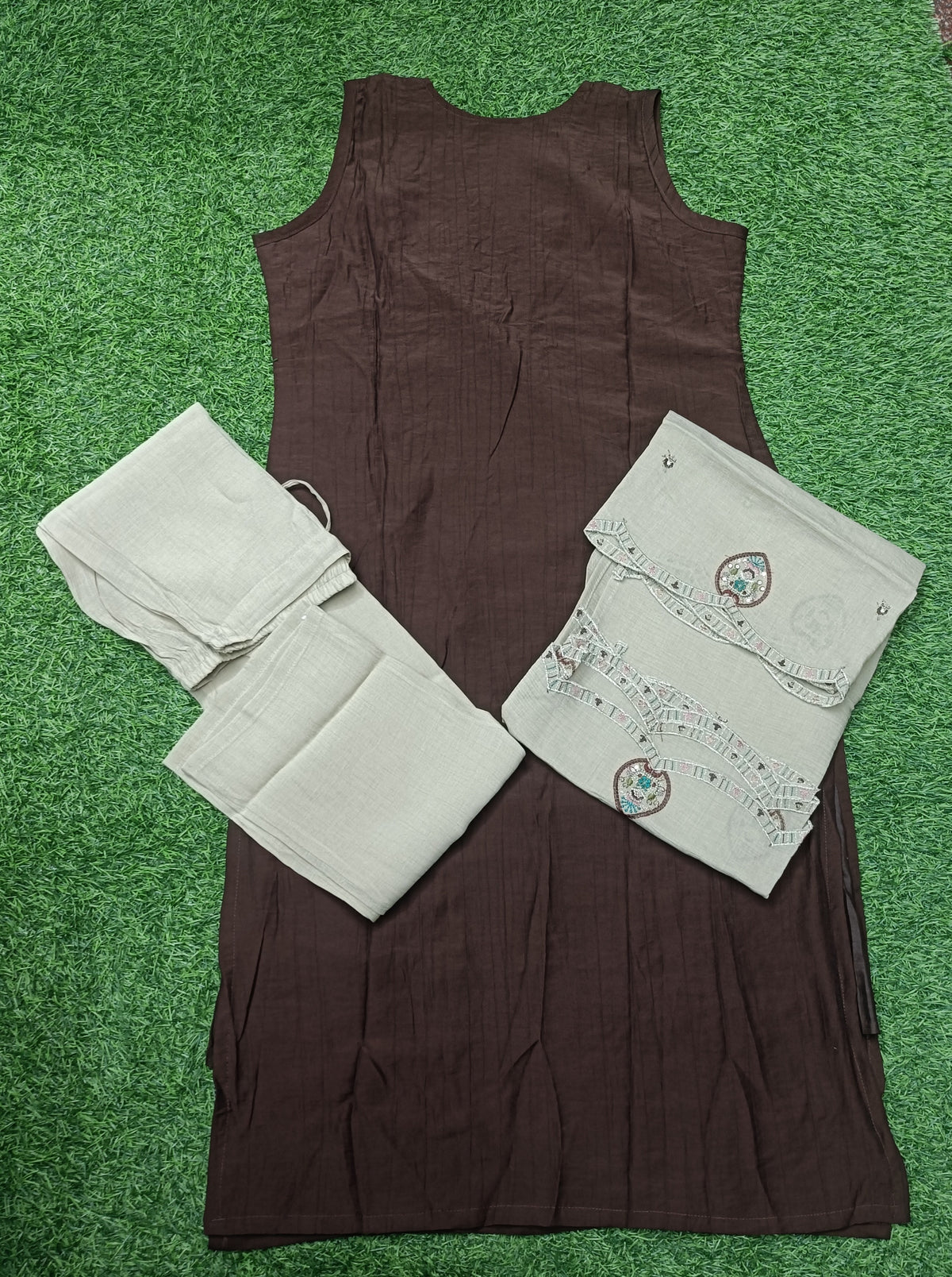 Women’s Dark Chocolate Embroidered Sleeveless  3-Piece Kurti Set with Dupatta