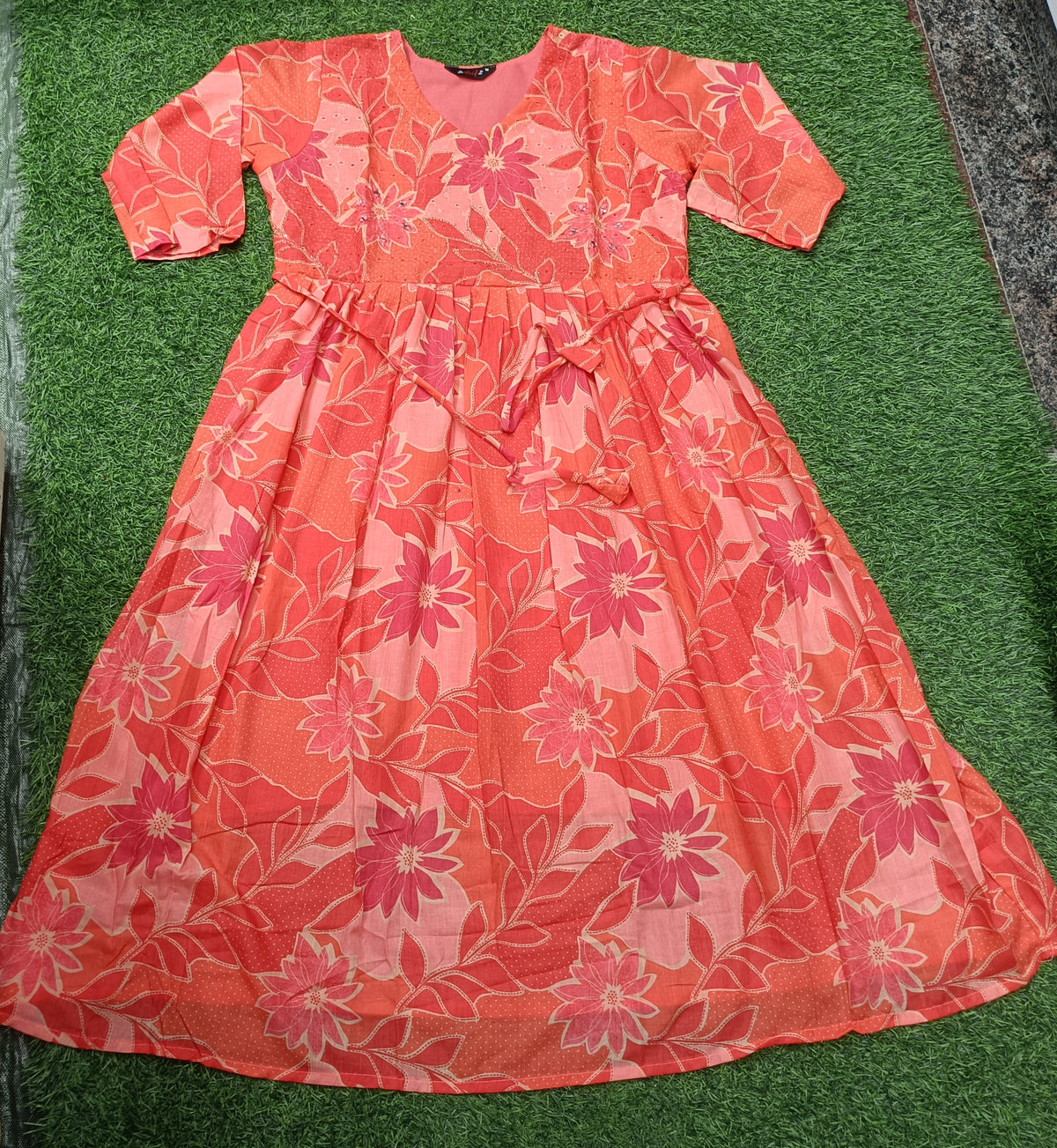 Women’s Coral Orange Floral Printed Flared Cotton Maxi Dress