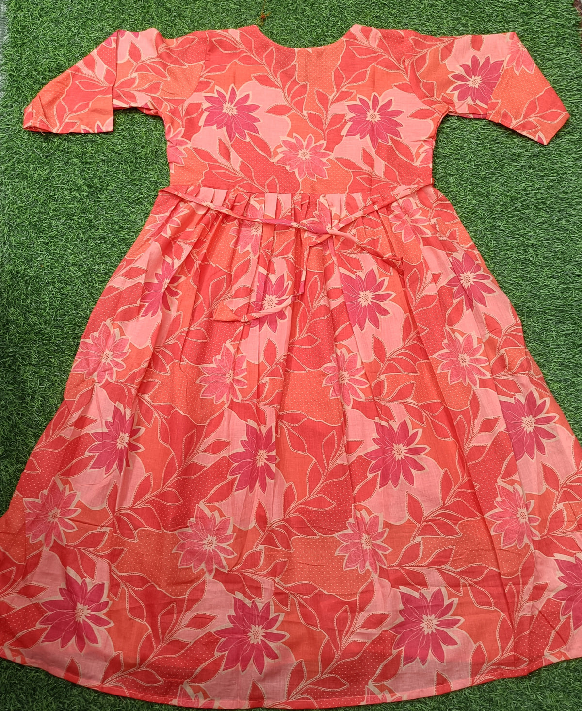 Women’s Coral Orange Floral Printed Flared Cotton Maxi Dress
