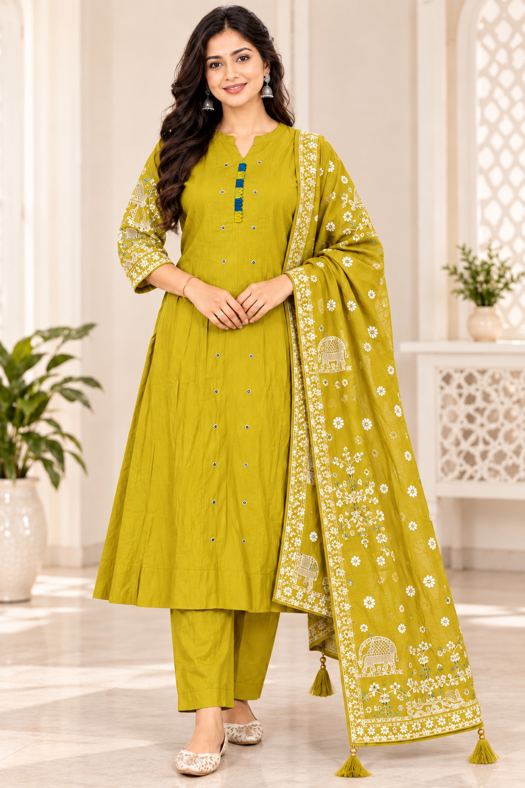 Women’s Mustard Embroidered 3-Piece Rayon Kurti Set