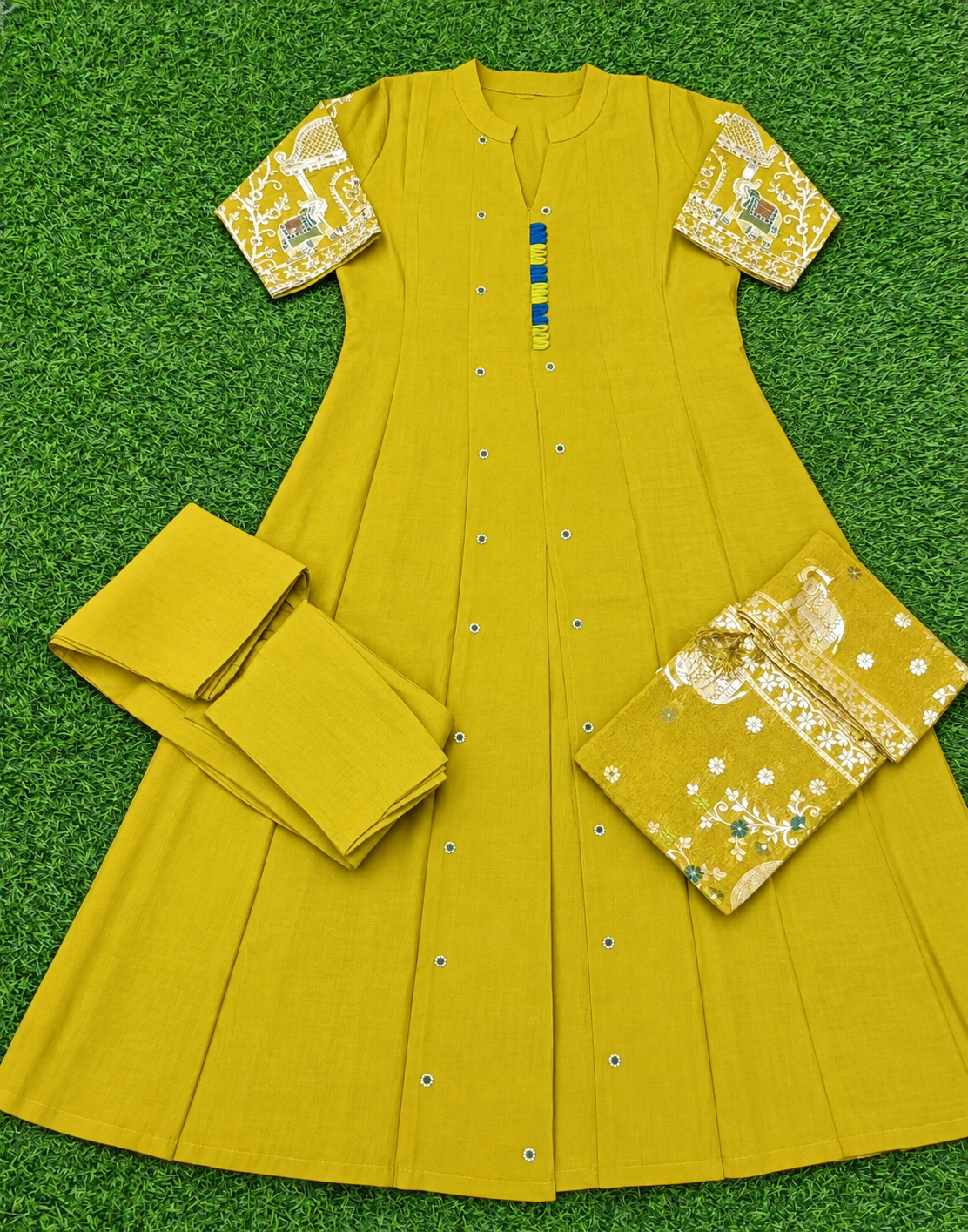 Women’s Mustard Embroidered 3-Piece Rayon Kurti Set