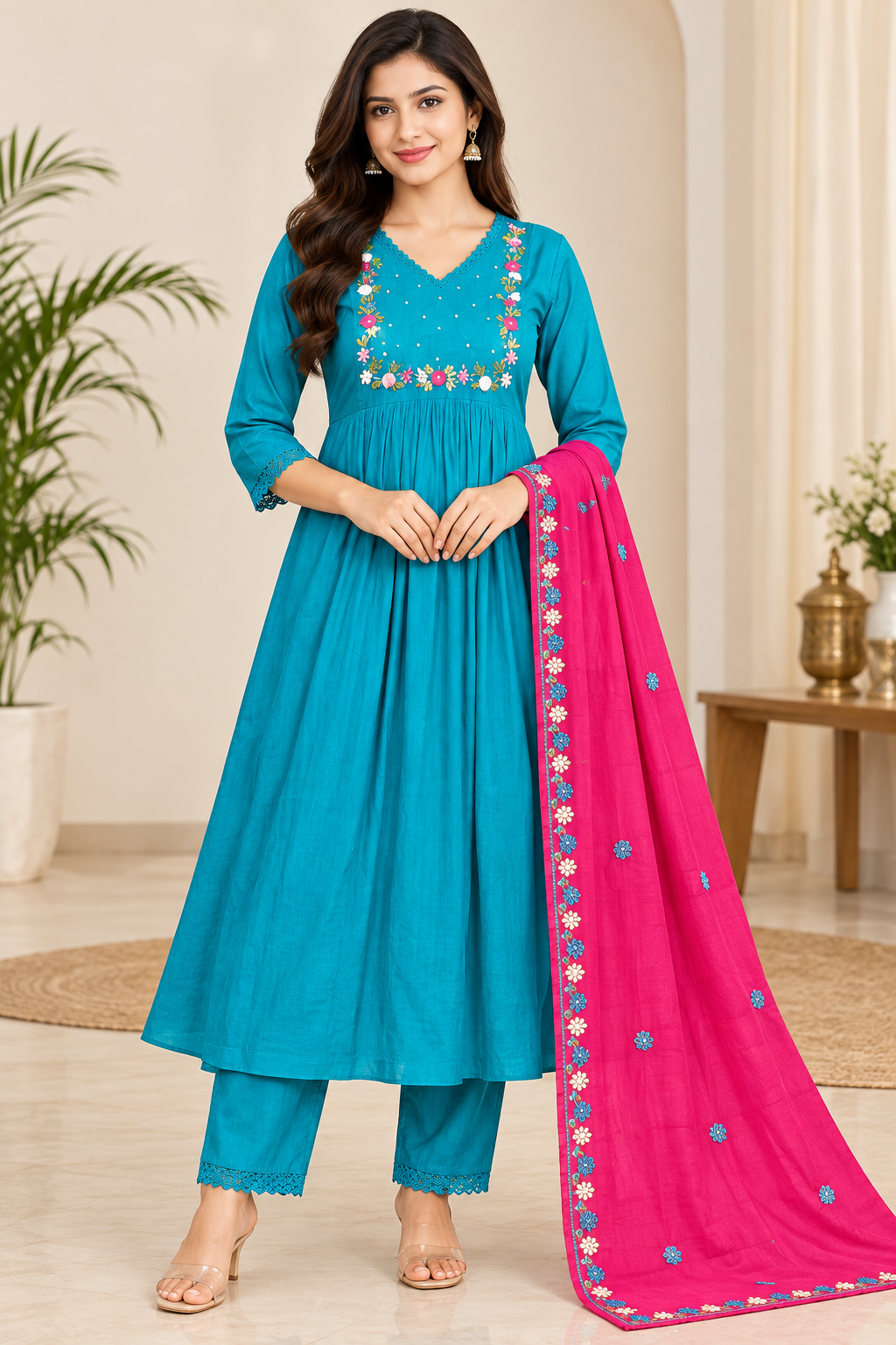 Women’s Teal Blue Floral Embroidered 3-Piece Rayon Kurti Set