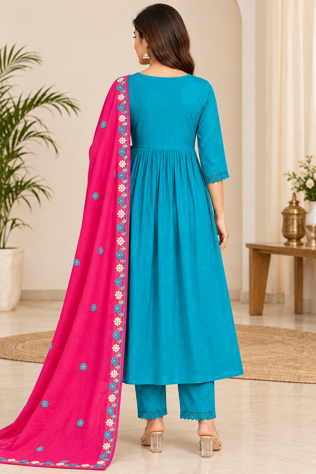Women’s Teal Blue Floral Embroidered 3-Piece Rayon Kurti Set