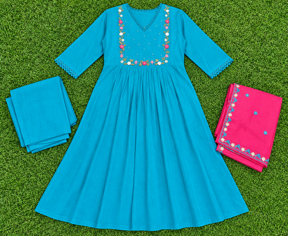 Women’s Teal Blue Floral Embroidered 3-Piece Rayon Kurti Set