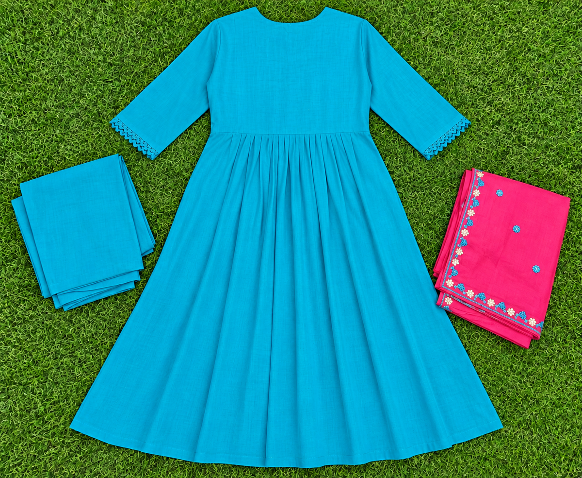 Women’s Teal Blue Floral Embroidered 3-Piece Rayon Kurti Set