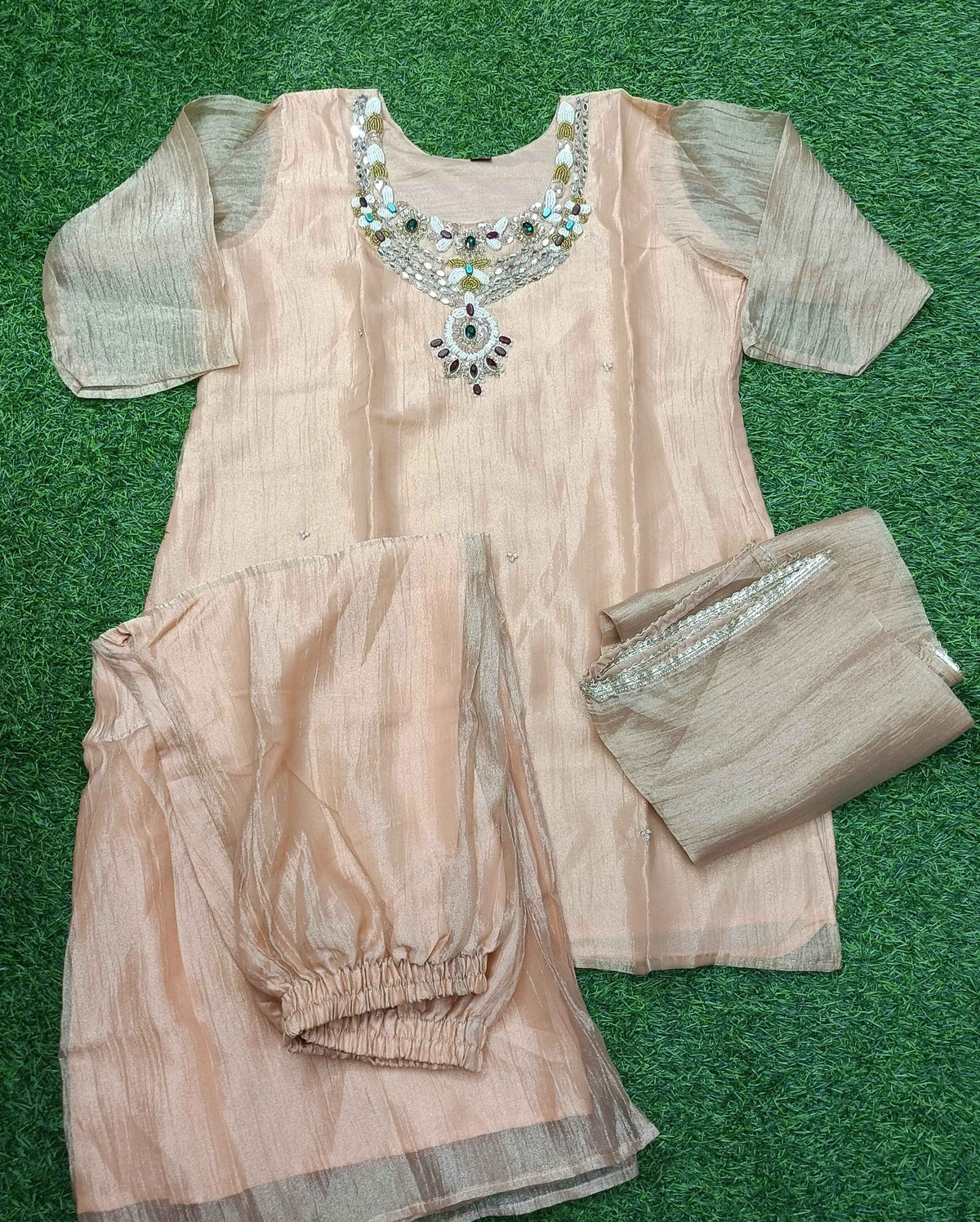 Women’s Peach Embellished 3-Piece Roman glass Kurti Set