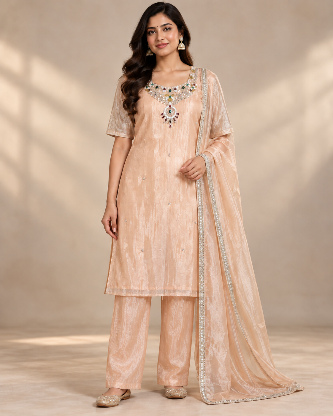 Women’s Peach Embellished 3-Piece Roman glass Kurti Set