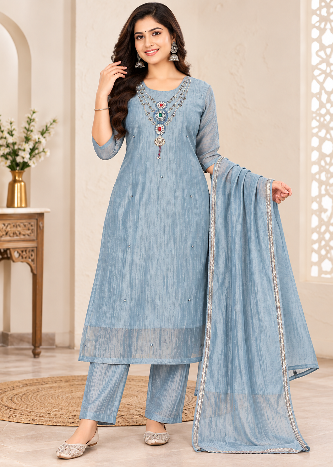 Women’s Grey Blue Embellished 3-Piece Roman glass Kurti  Kurti Set