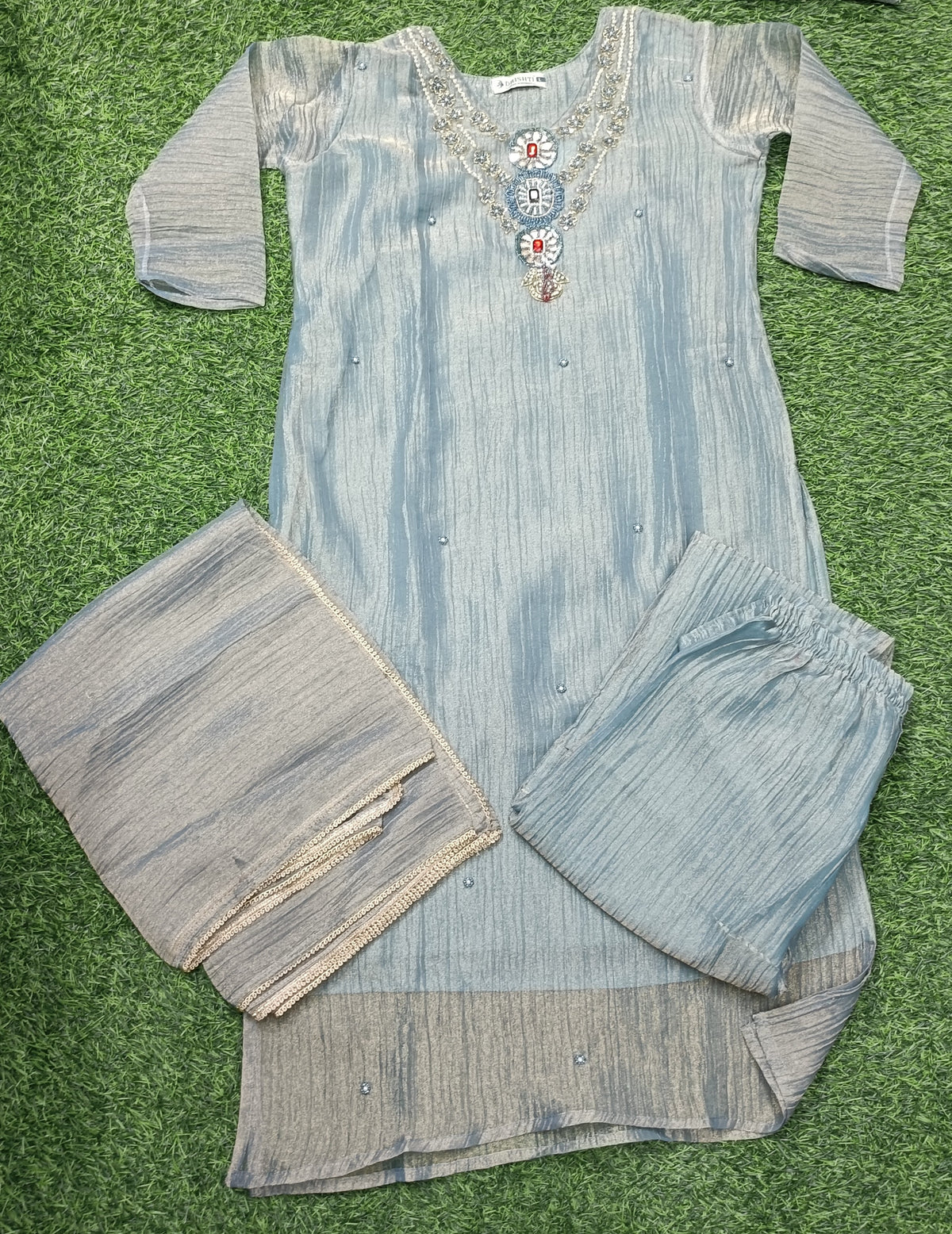 Women’s Grey Blue Embellished 3-Piece Roman glass Kurti  Kurti Set