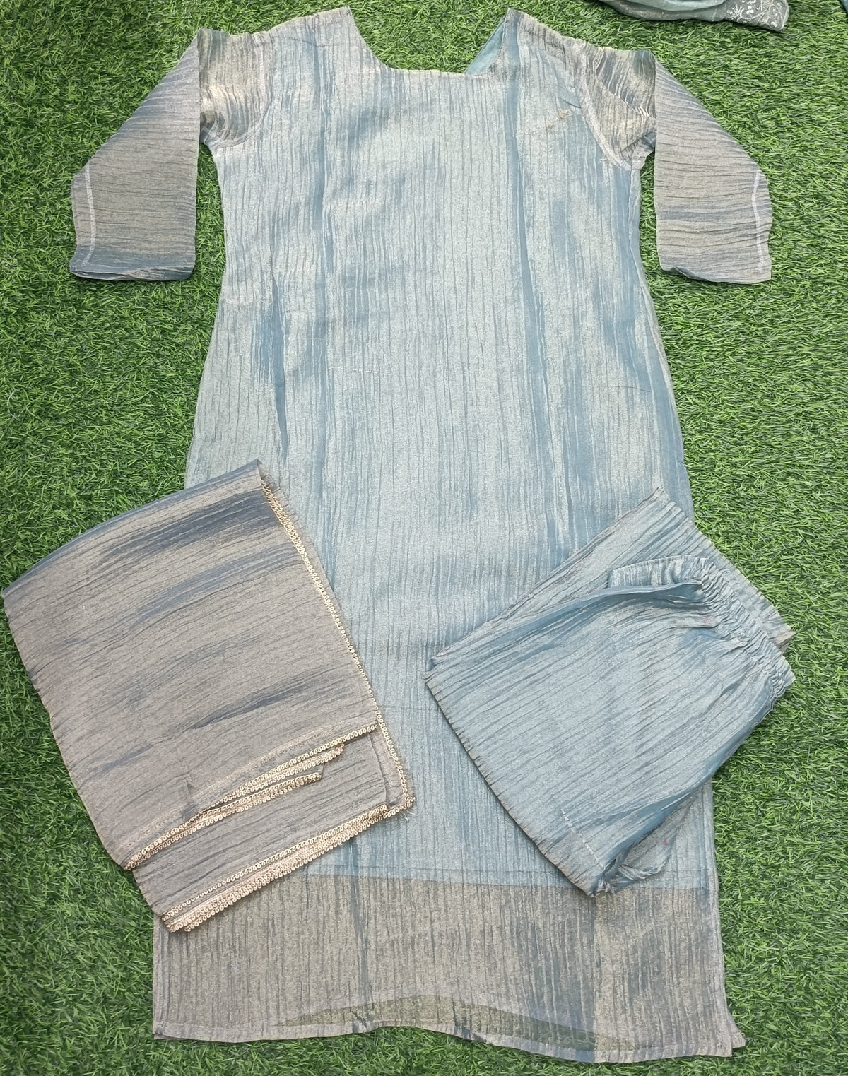 Women’s Grey Blue Embellished 3-Piece Roman glass Kurti  Kurti Set