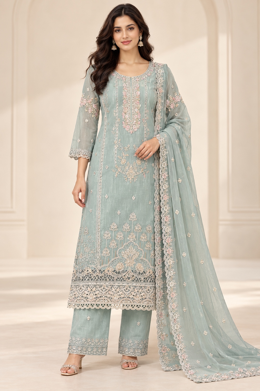Women’s Sage Green Embroidered 3-Piece Georgette Kurti Set