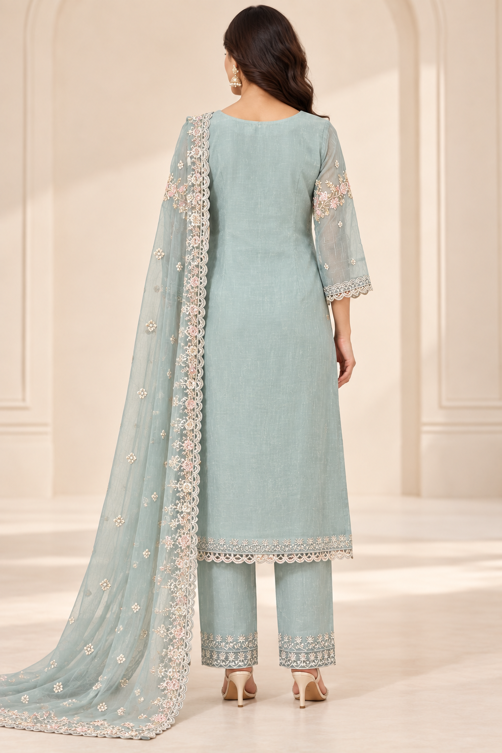 Women’s Sage Green Embroidered 3-Piece Georgette Kurti Set