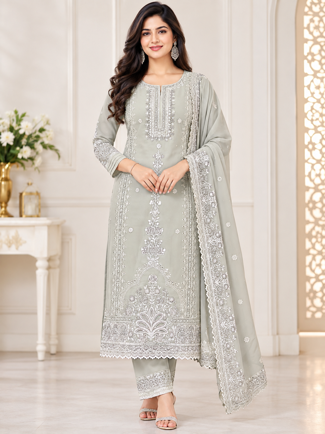 Women’s Light Green Embroidered 3-Piece Georgette Kurti Set