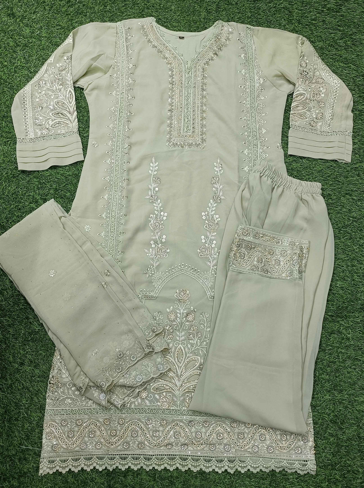 Women’s Light Green Embroidered 3-Piece Georgette Kurti Set