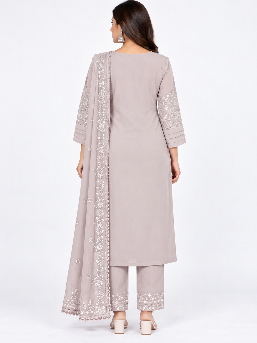 Women’s Light Cream Embroidered 3-Piece Georgette Kurti Set
