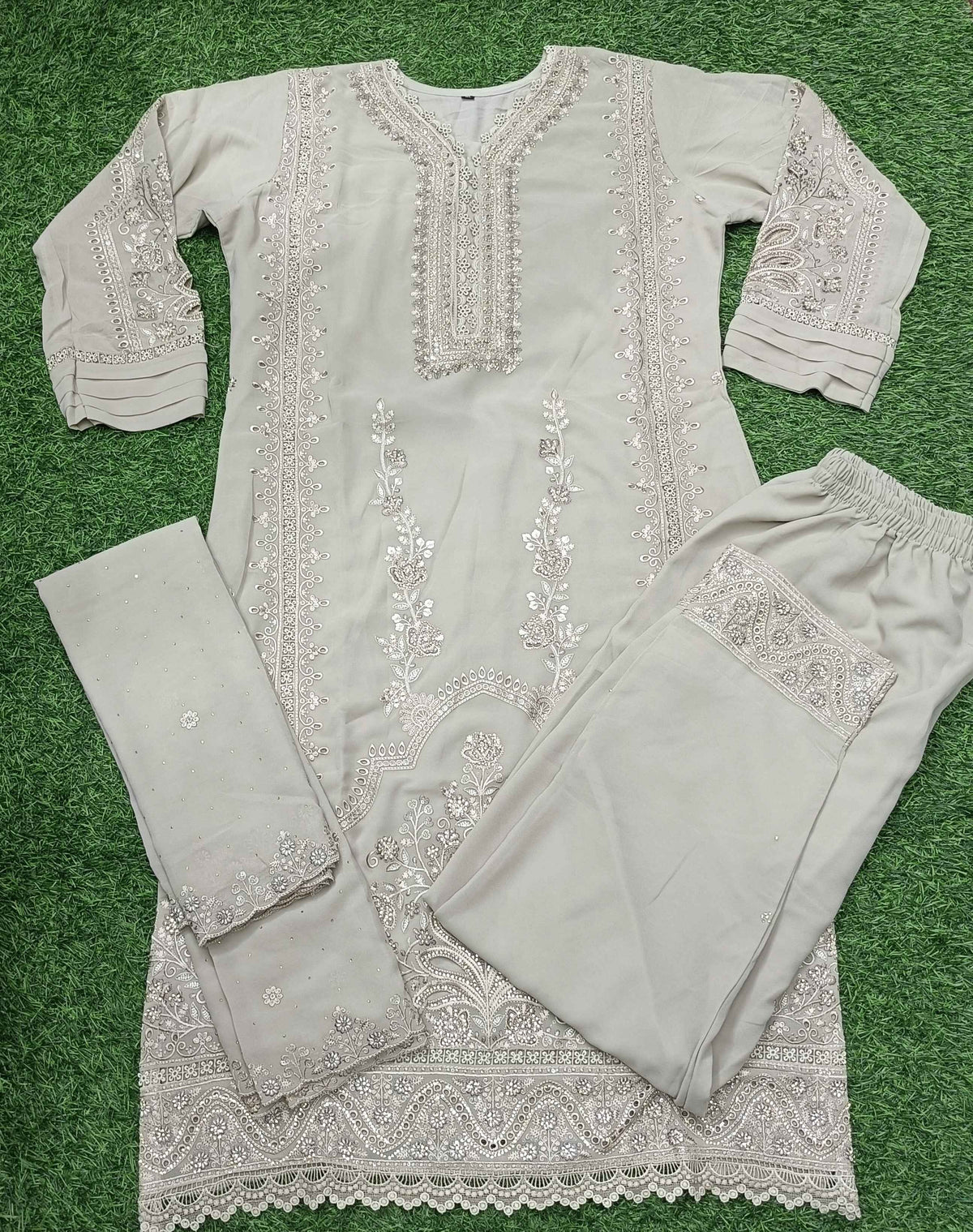 Women’s Light Cream Embroidered 3-Piece Georgette Kurti Set